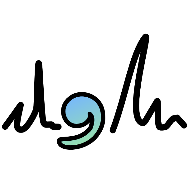  a large comma outlined in black with black scribbles on either side. the inside of the comma is a gradient from blue to green.